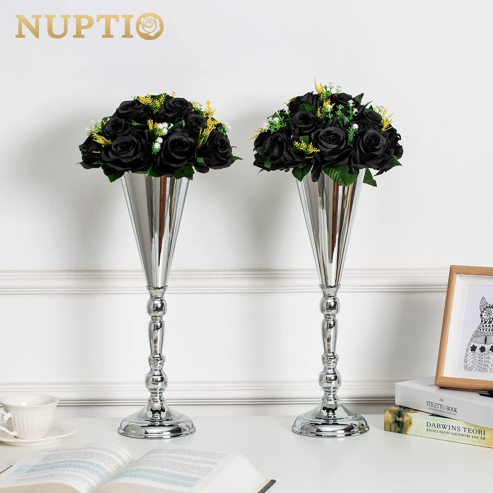 NUPTIO Black Roses Artificial Flowers Pcs of 6 Fake Flower Bouquet Black Hydr…