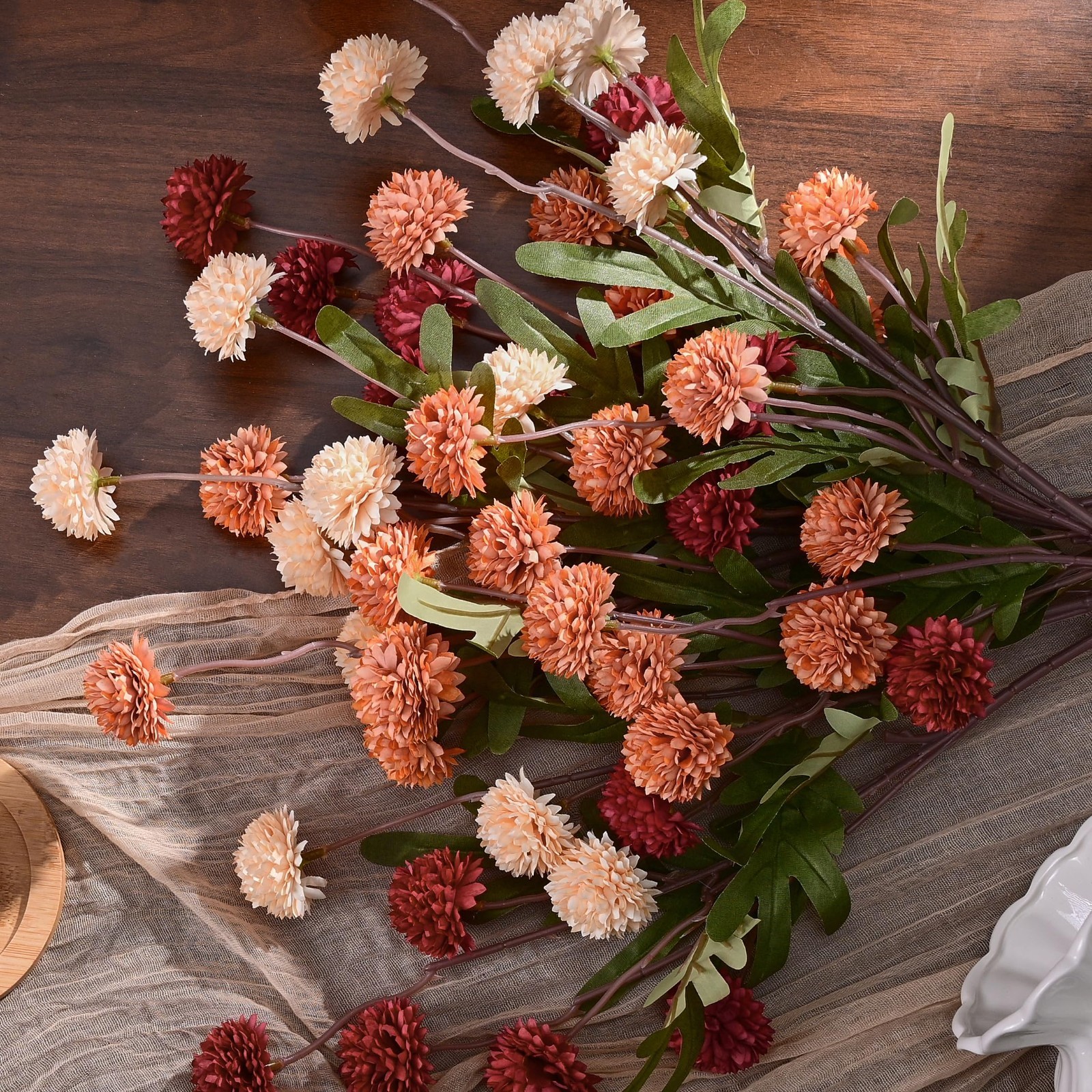 10pcs Faux Silk Pompon Flowers, Mini Chrysanthemums, Fall Decor Centerpieces