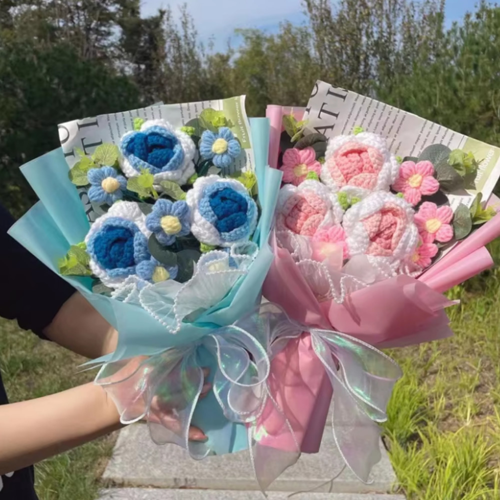💖Crochet Flower Bouquet Rose Handmade Knitted Eternal Artificial Anniversary💖