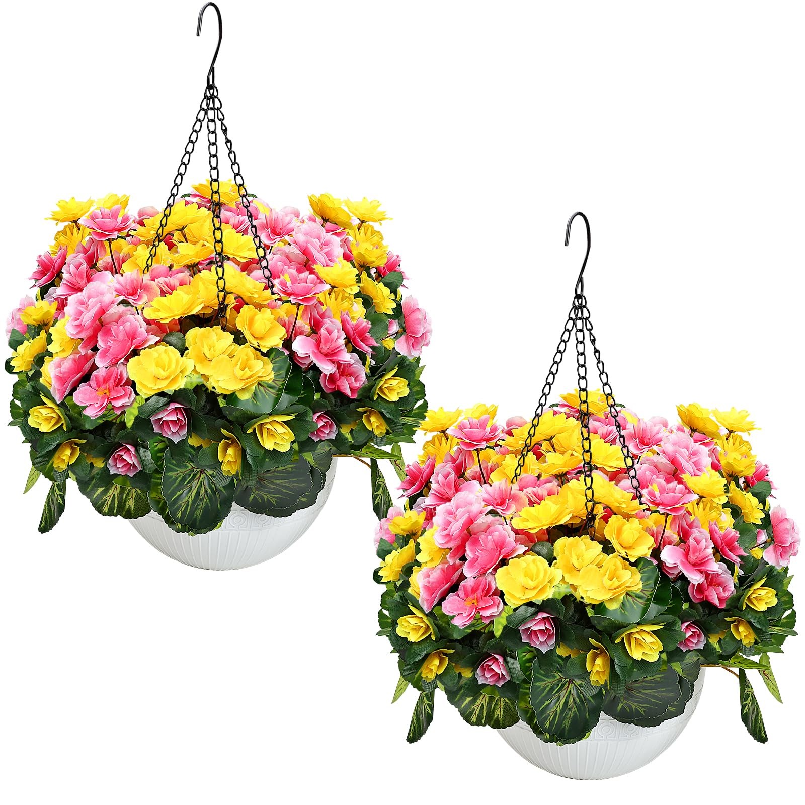 Set of 2 Artificial Flowers with Hanging Baskets Pre-Assembled Silk Fake Large