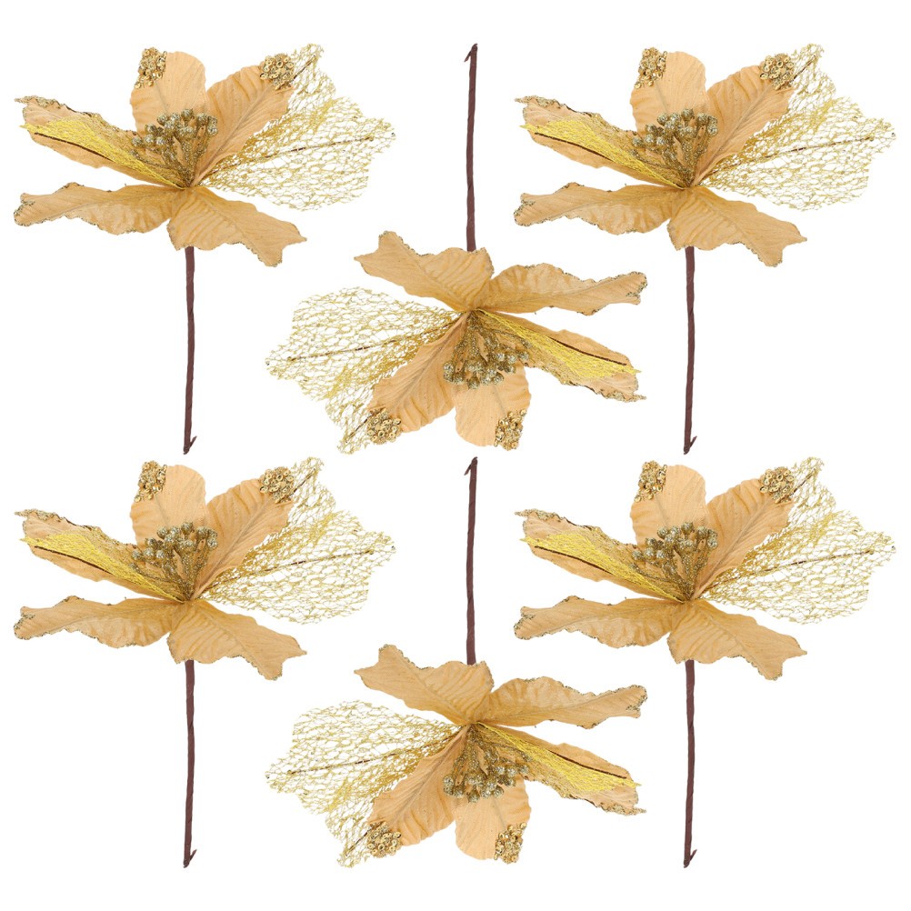 6 Pcs Artificial Flower Cuttings Christmas Glitter Leaf Stems Picks