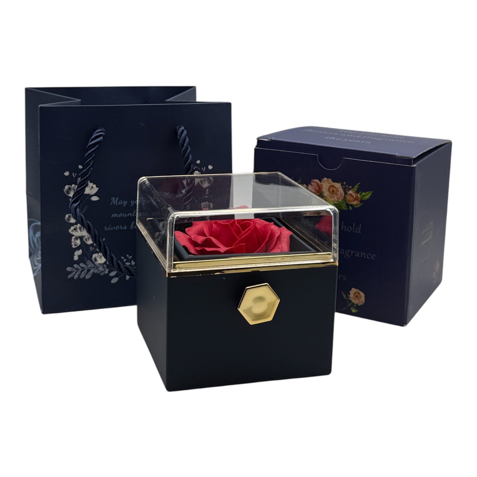 Rotating Blue Valentine wedding Eternal Rose Flower Ring Necklace Gift Box