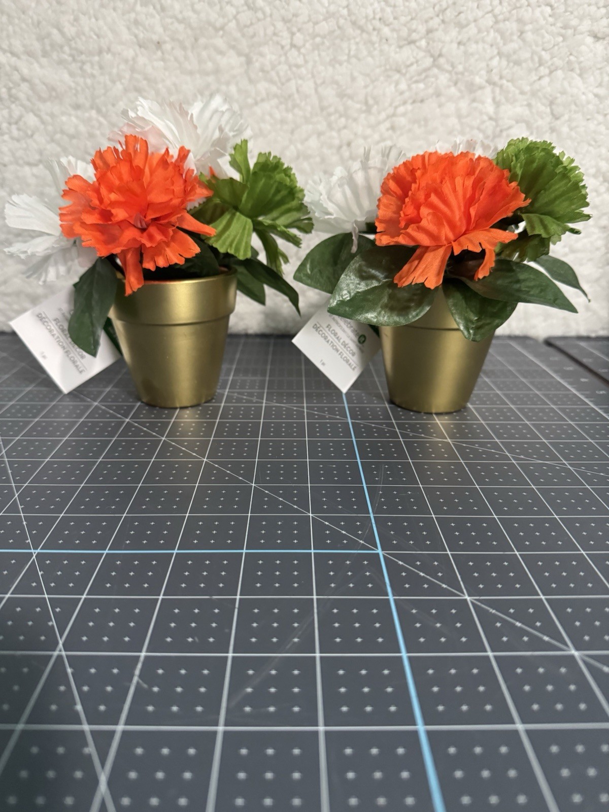 Set Of 2 St.Patricks Faux Plants Gold Pots With Orange White And Green Flowers