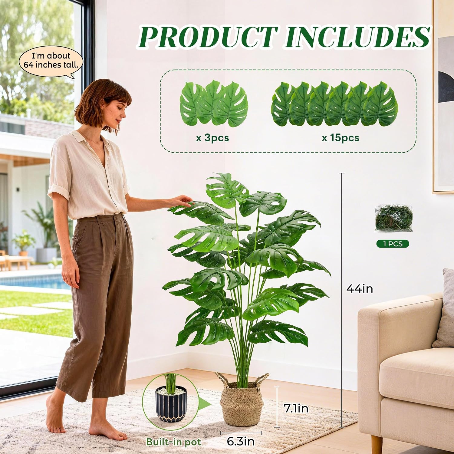 Artificial Monstera Plant with Basket Faux Potted Tree for Home Office Decor