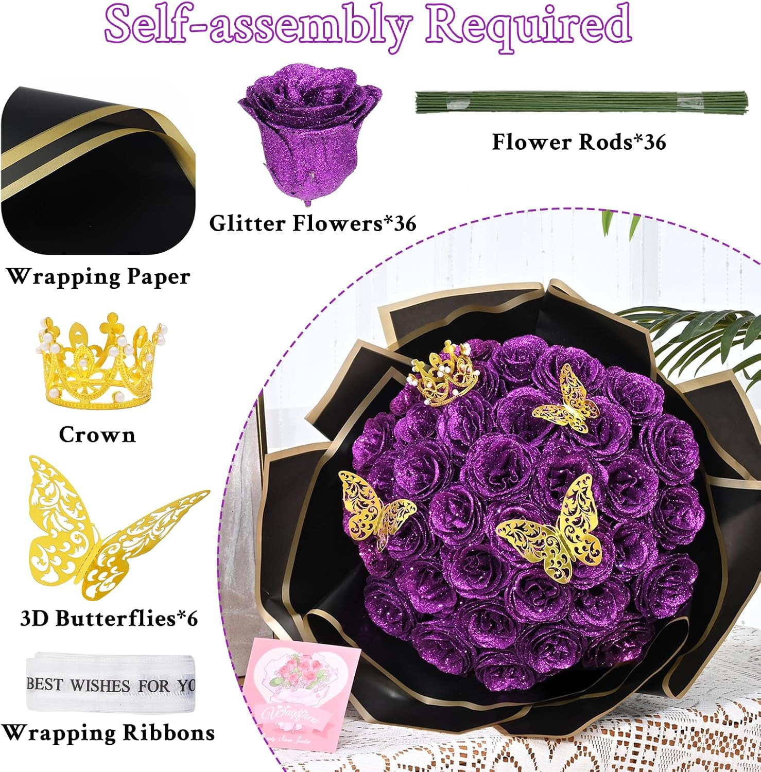 Glitter Roses Bouquet, DIY Fake Flowers Bouquet, Birthday Gifts