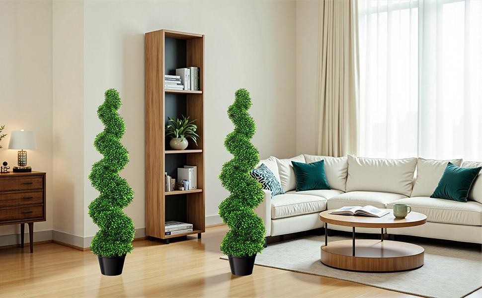 2PCS 3.5FT Artificial Boxwood Spiral Topiary Trees PE Artificial Plants Indoor