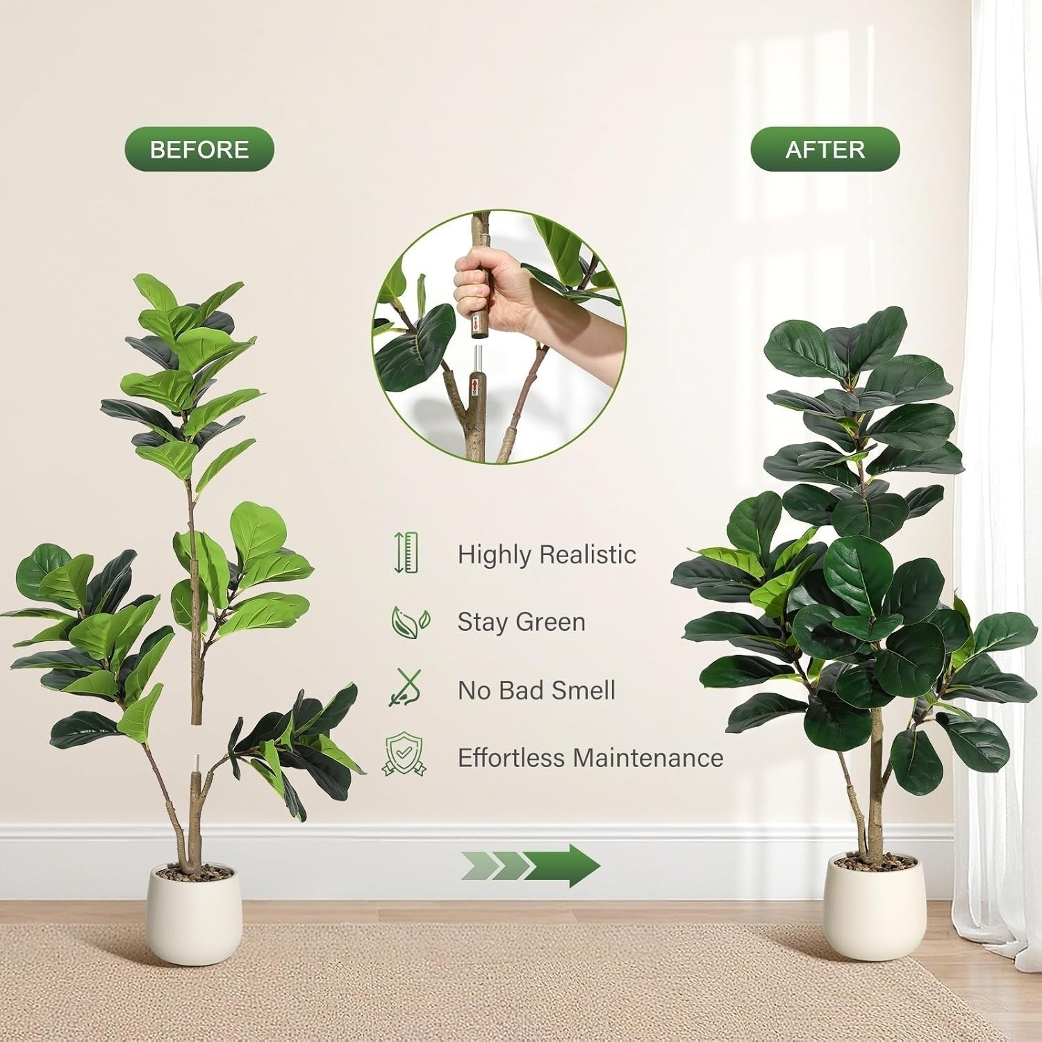 Artificial Fiddle Leaf Fig Tree w/White Pot 4/5ft Realistic Ficus Lyrata Plant