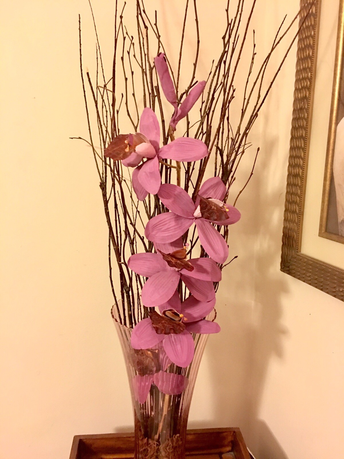 Floral Arrangement Wedding Centerpiece Birch Branches Pink Glass Vase Handmade