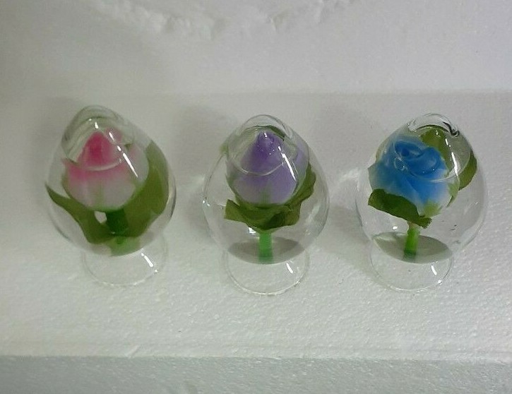Vintage Eleco Water Globe Set Pink Purple Blue Silk Flower Ornament Taiwan 1970s