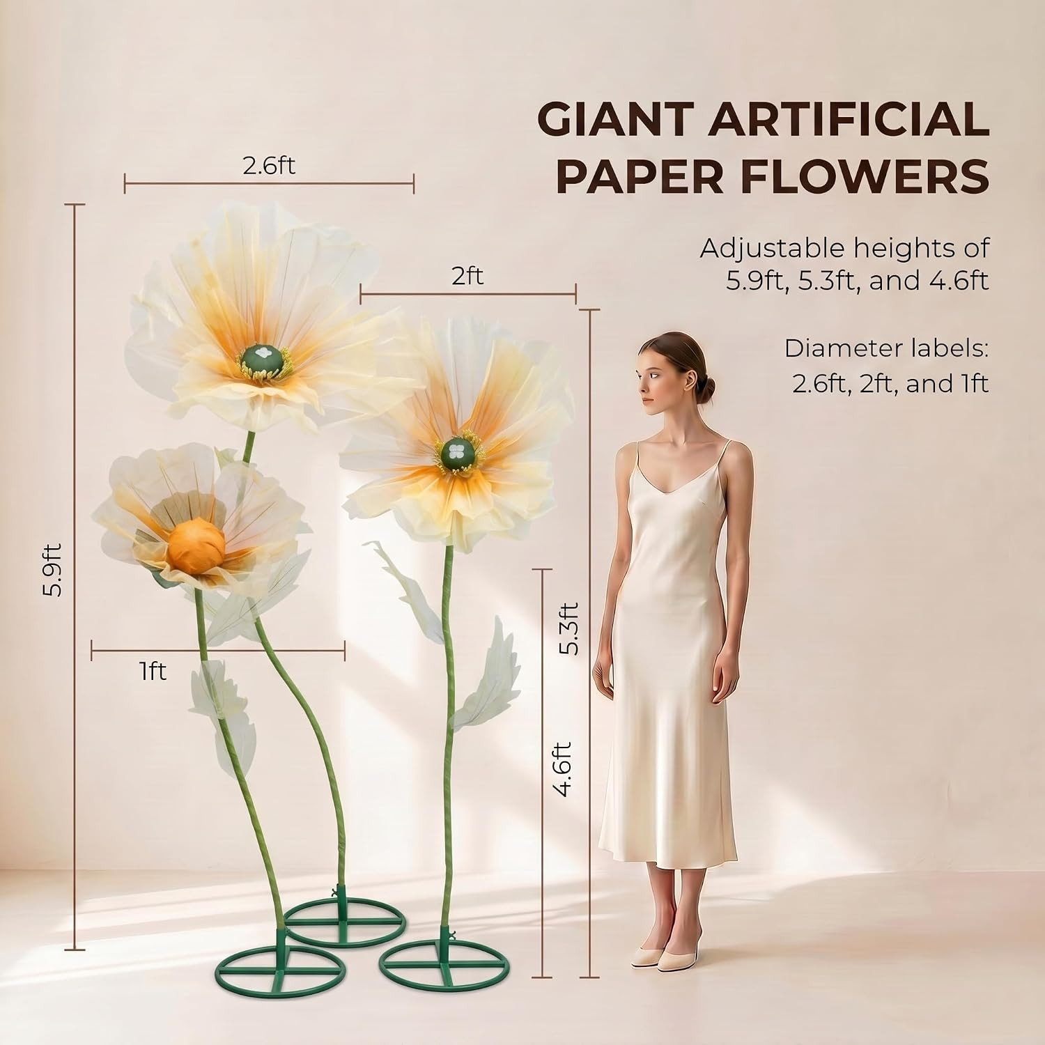 5.9 Ft Giant Artificial Flowers with Stand, Large Organza Flower Set, Huge Poppy
