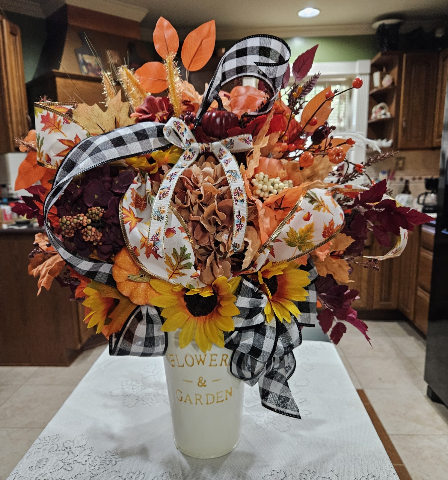 Chic Fall Florals with Ribbons, Bucket Vase, Orange, Cream, Dark Red