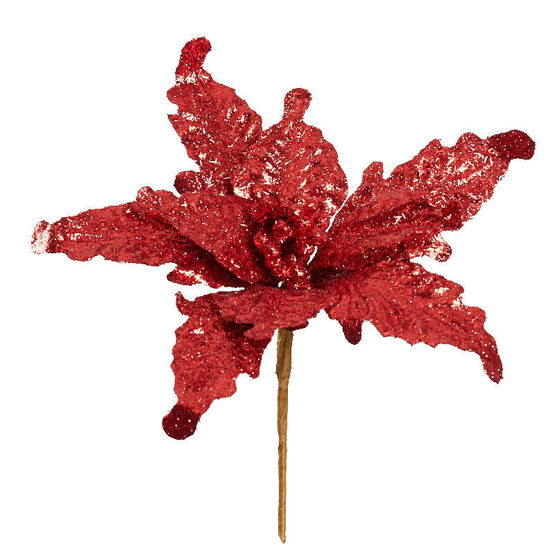 Set of 6 Sparkling Red Tinsel Artificial Poinsettia Floral Stems