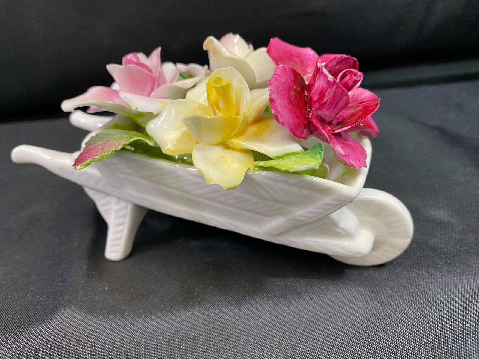 Staffordshire “WHEELBARROW BOUQUET ROSES” England Bone China 3″ x 5 1/2″ Wide