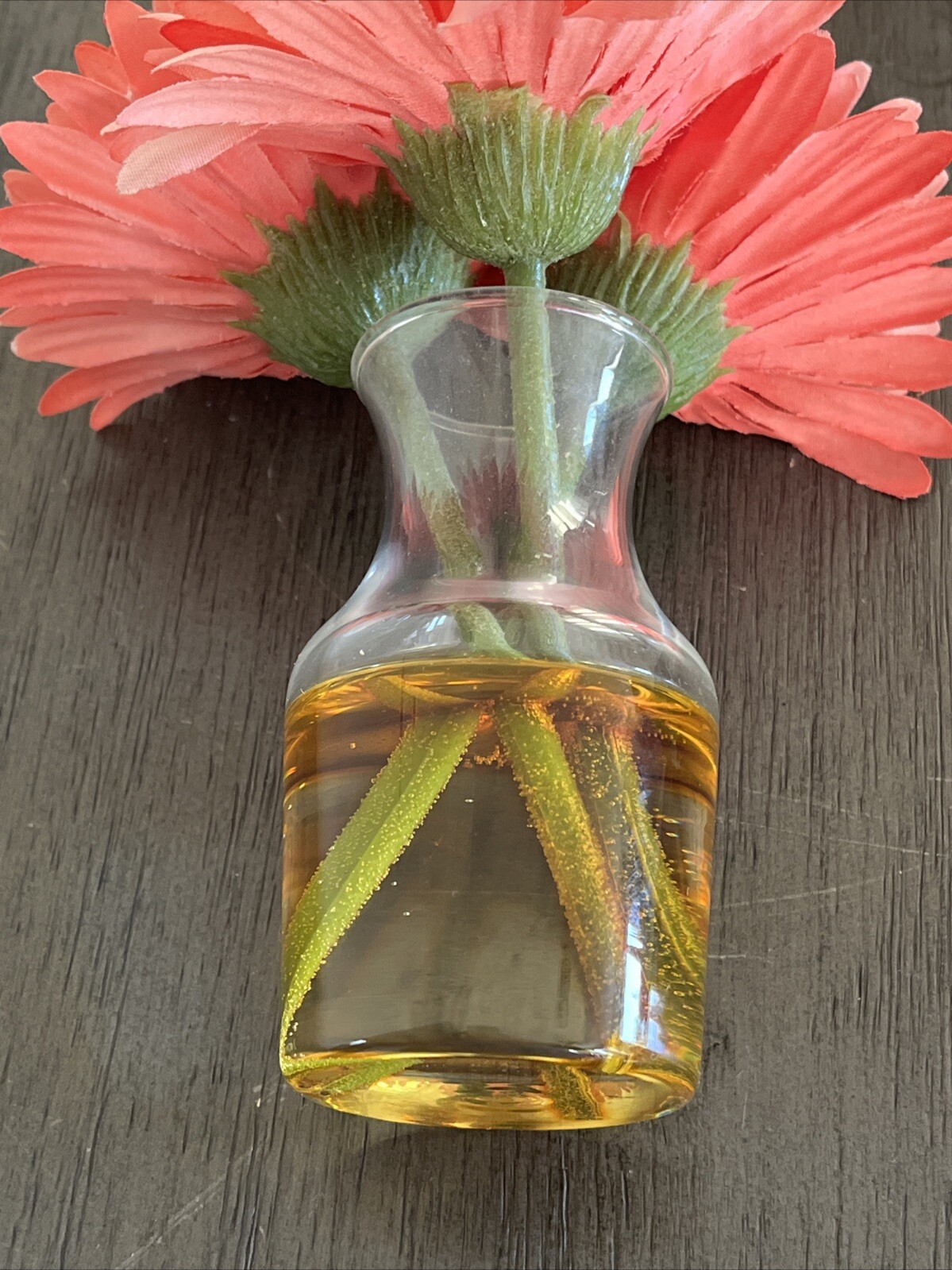 Vtg FAUX FLOWERS in FAUX WATER VASE 6 1/2″ Pink Gerbera Daisy GLASS Faux Water