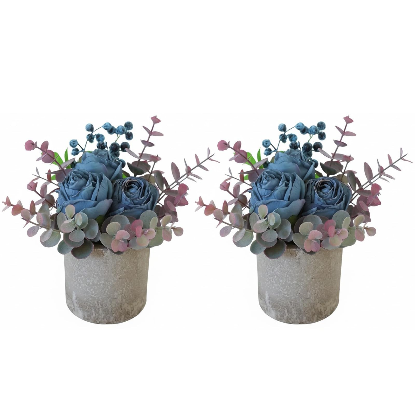 Small Artificial 2pcs Burnt Blue Rose Potted Plant, 6″ Fake Silk Flowers in 3…
