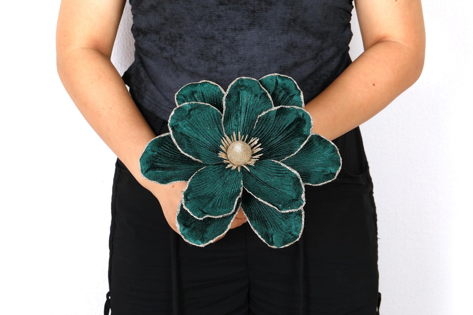 6 PCS Blackish Green 10 In Glitter Artificial Magnolia Christmas Flower Set