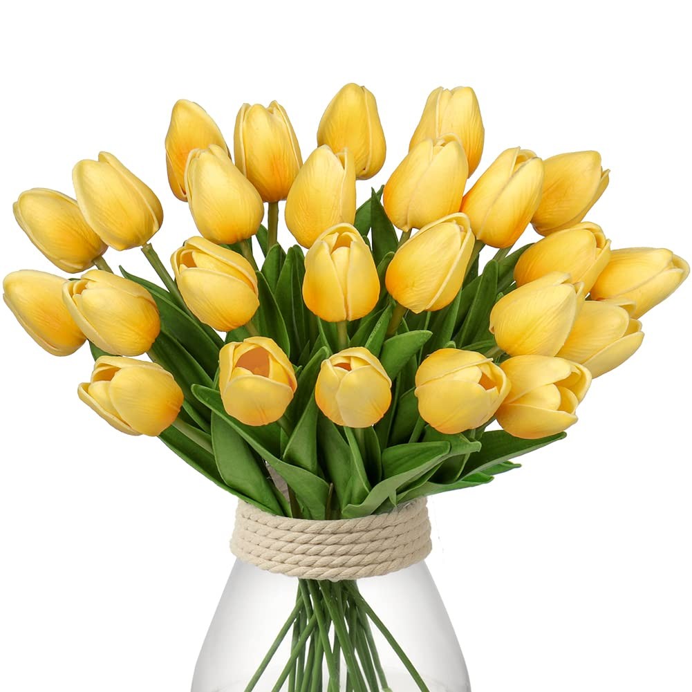 24 Pcs Yellow Tulips Artificial Flowers Real Touch Fake Tulips Fake Flowers f…