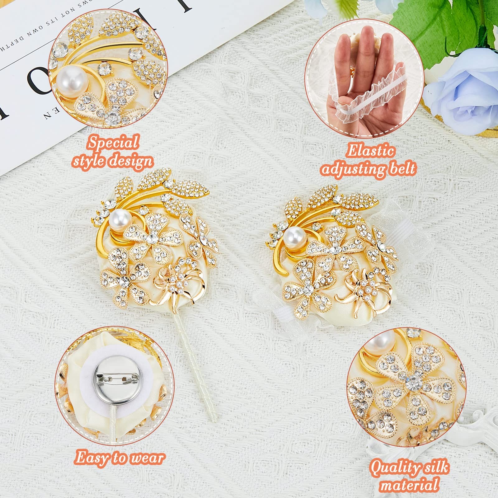 2 PCS Rhinestone Wrist Corsage And Boutonniere Set Artificial Flower Prom