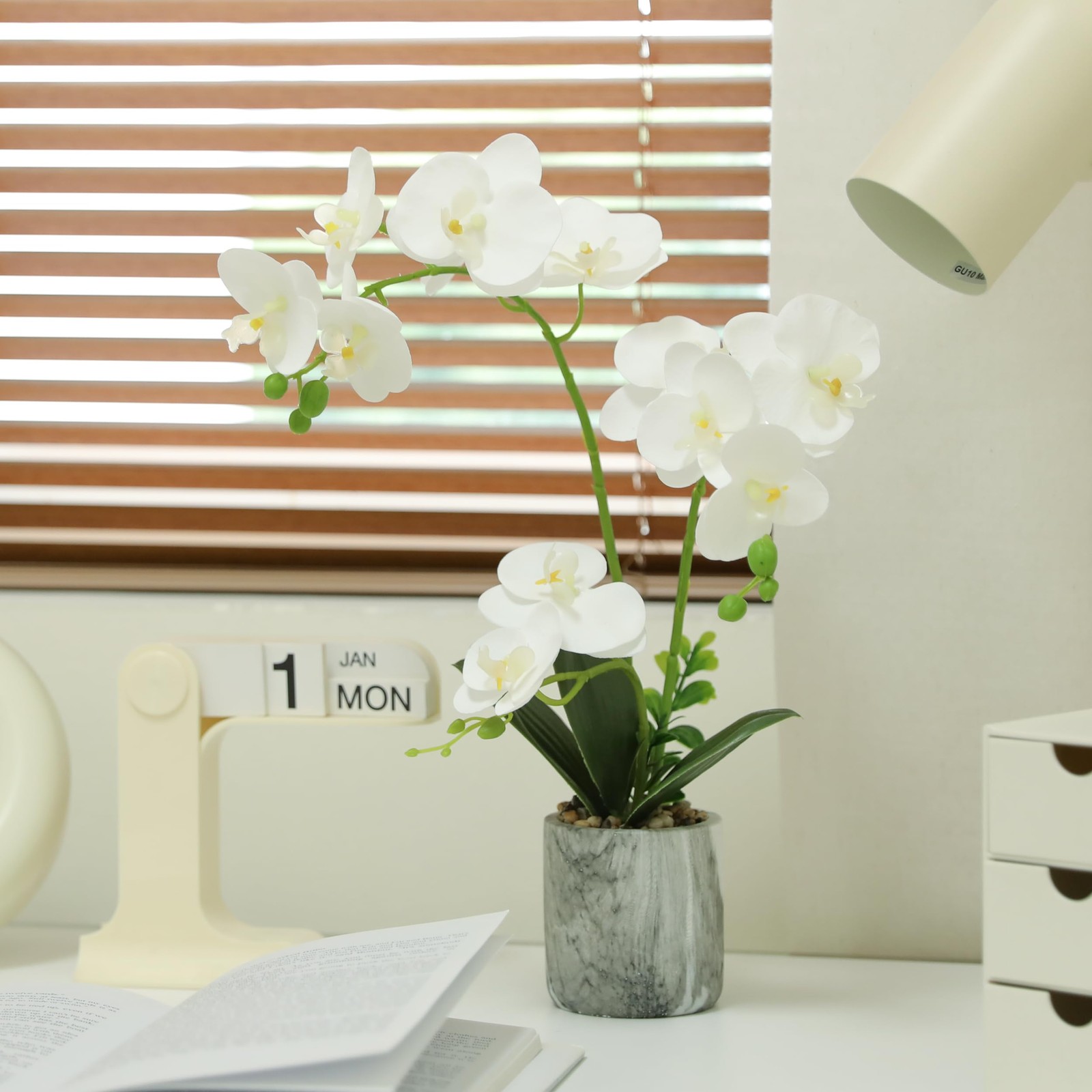 Artificial White Fake Orchids Flowers in Pot Bendable Faux Orchid Centerpiece