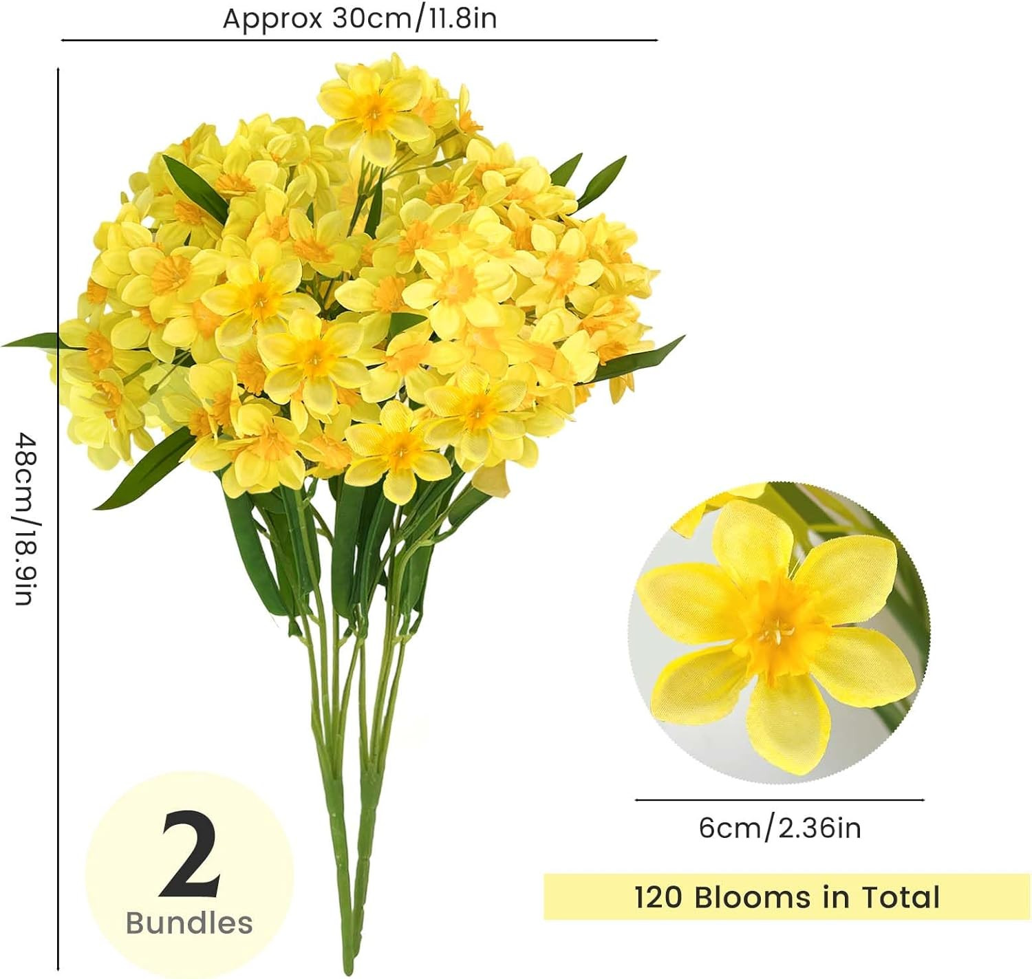 2 Bunches 120 Blooms Artificial Daffodils, 18.9”Silk Narcissus, Faux Daffodils f