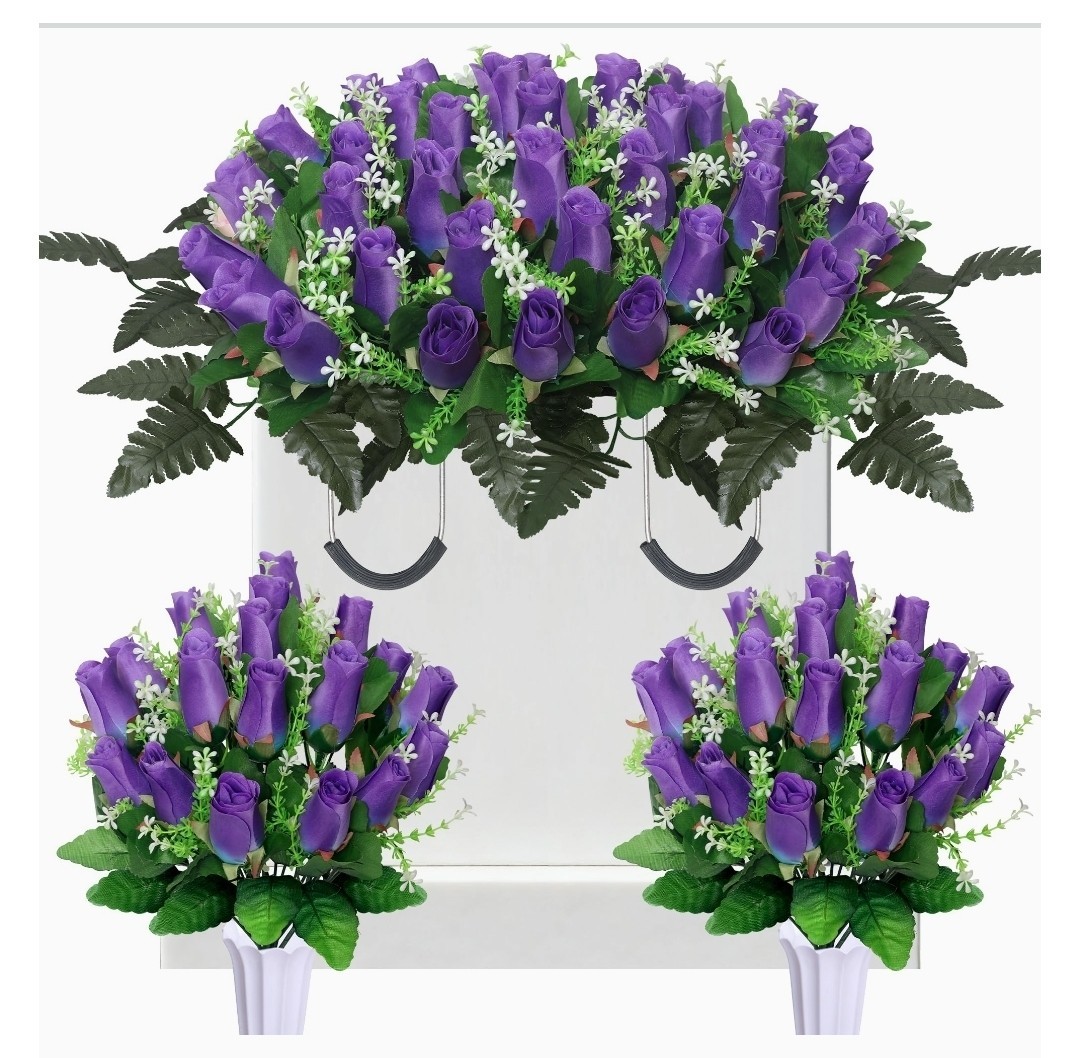 3 Sets Cemetery Flowers for Grave, Headstone Flower Saddle, Purple Rose Memorial