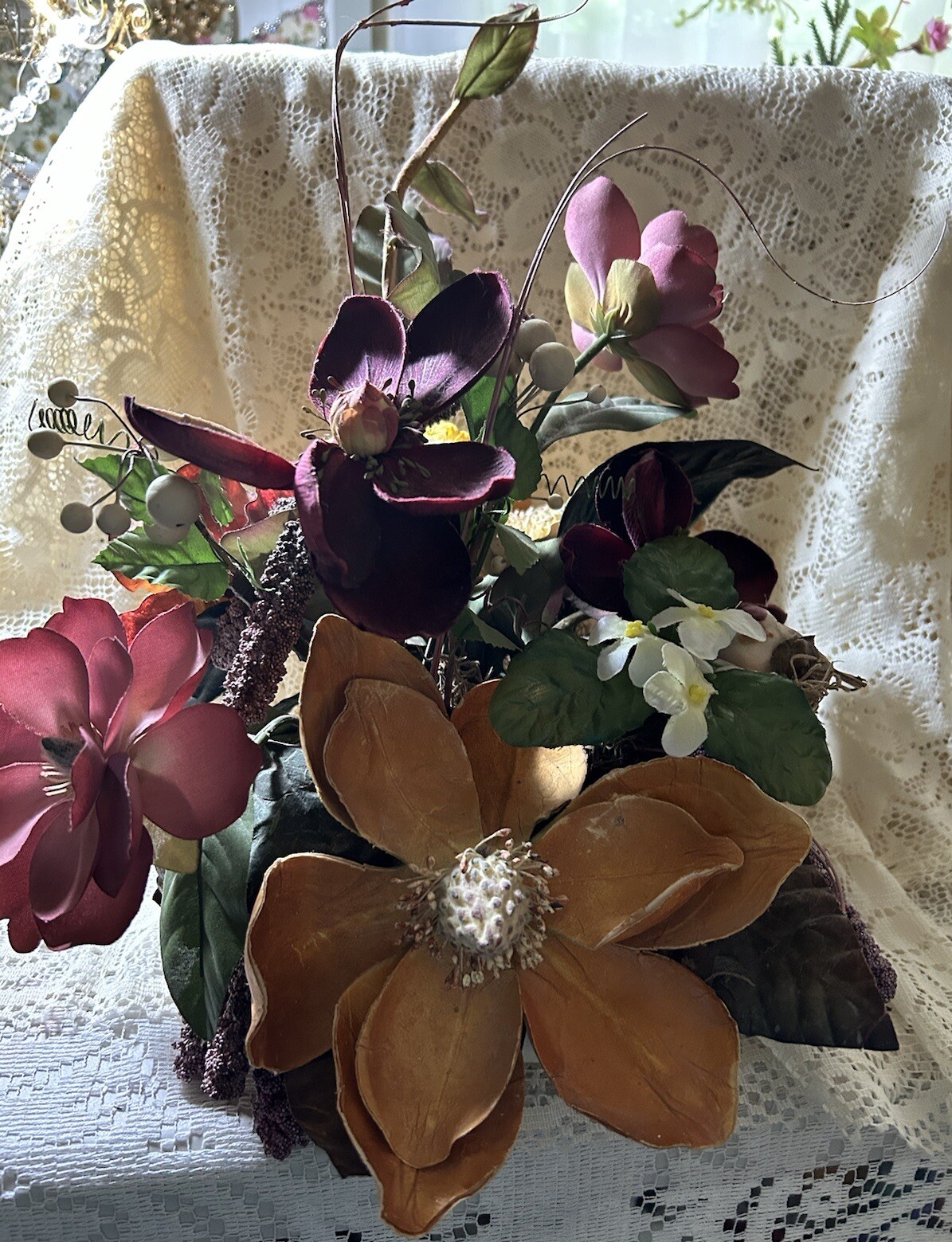 Exotic Artificial Floral Arrangement In A Porcelain Dish Made In Portugal