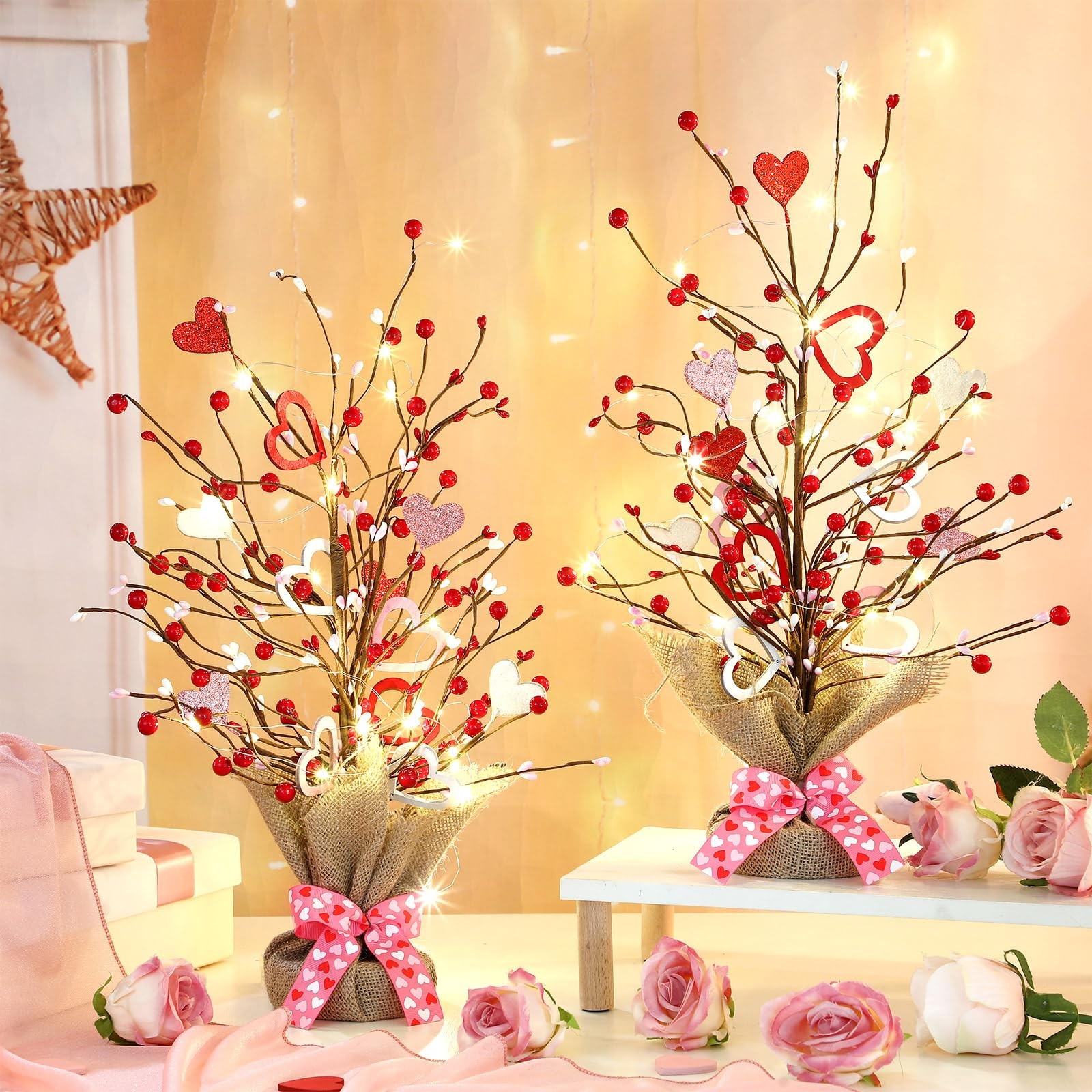 2 PCS Prelit Lighted Valentines Day Tree 21 Inch Tabletop Heart Ornament