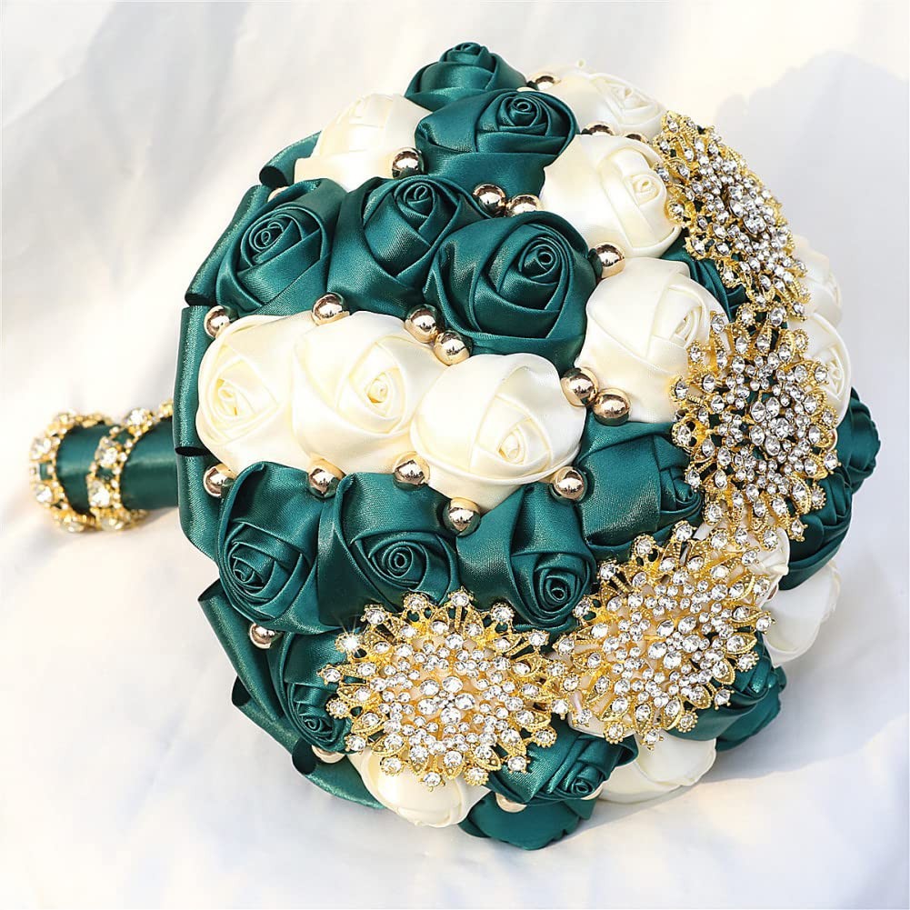 Emerald Green Ivory Bridal Wedding Bouquet Gold Rhinestone Pearl Satin 7.1in