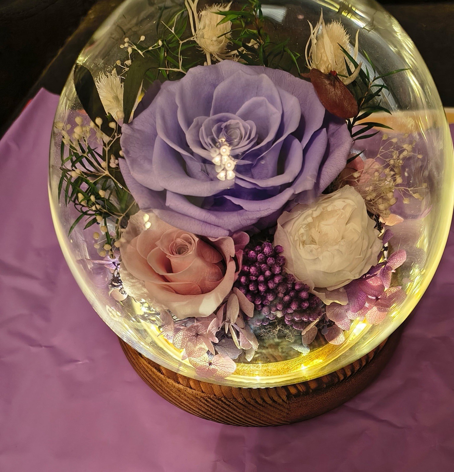 Artificial Rose Floral Arrangement Glass Dome with LED Lights, Purple White