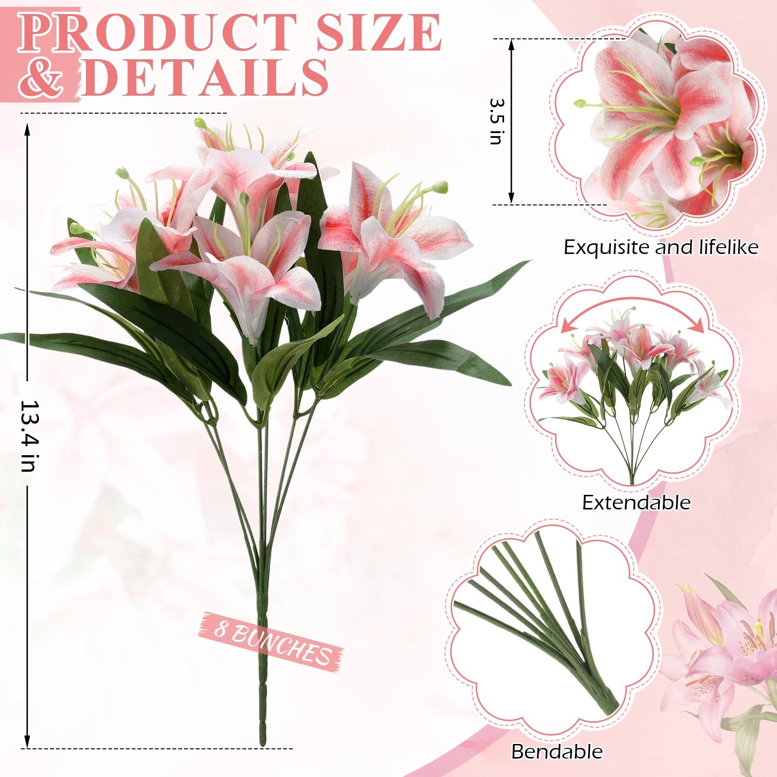 8 Pcs Artificial Tiger Lily Bouquets, Silk Faux Easter Lilies with 7 Heads, R…