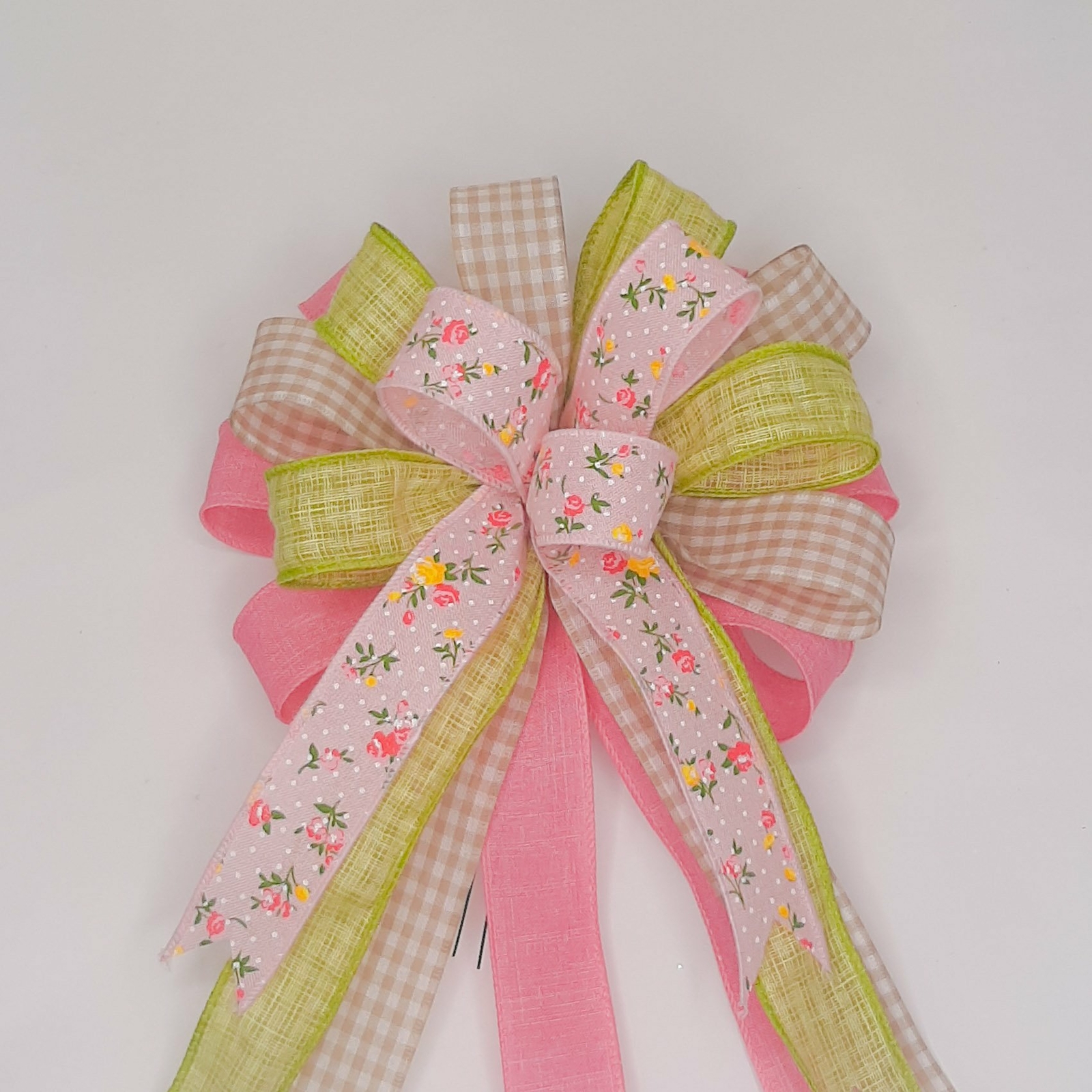 Spring Bow, Pink Floral Print, Beige Gingham, Green, Pink Linen