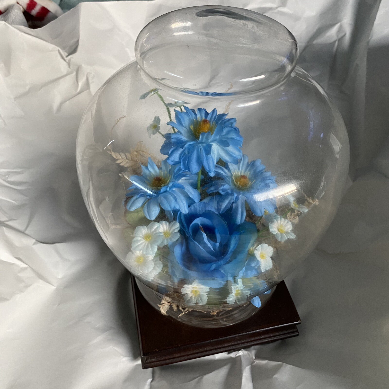 Silk Blue Flowers Glass Terranium Vintage Display Wood Stand Base