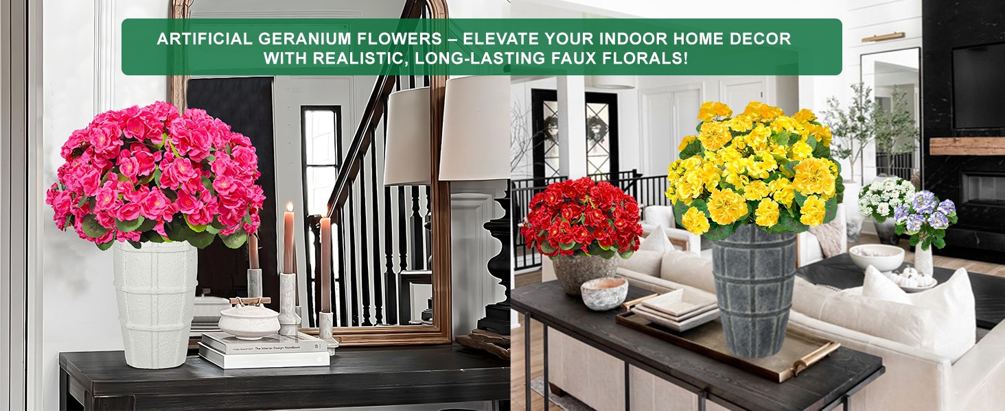 4 Bundles Artificial Geraniums Flowers for Outdoors Summer Decor | Fake Flowers