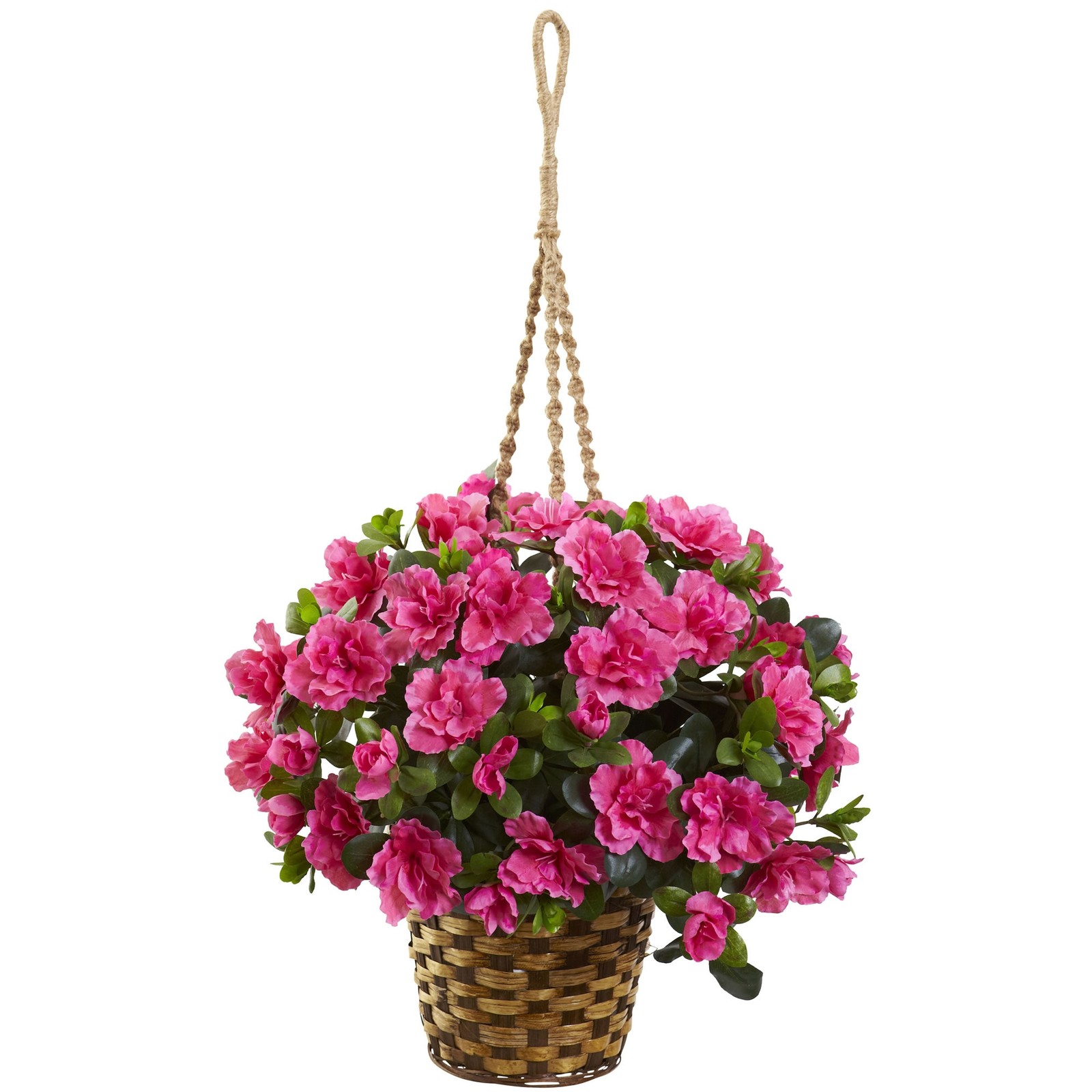 28 Inch Azalea Hanging Basket Faux Pink Flowers Green Leaves Patio Decor