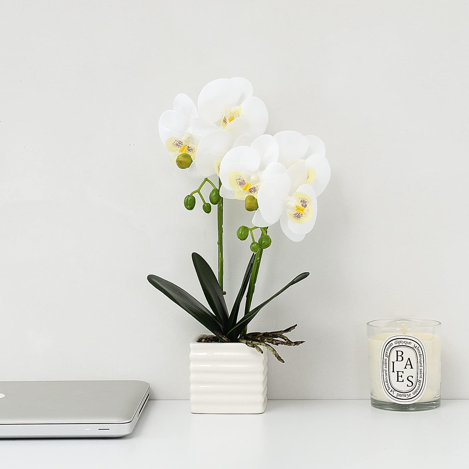 White Artificial Orchids Flowers In Silver Vase Indoor Home Table Decor Fake