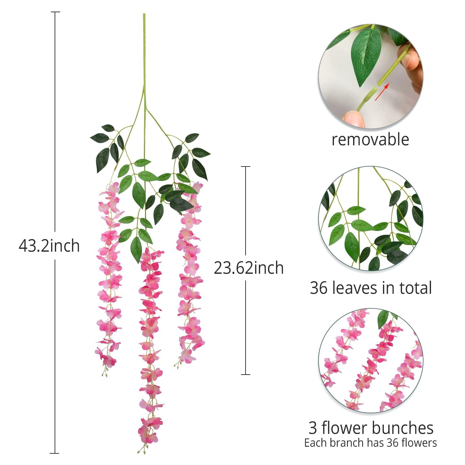 12 Pack Artificial Wisteria Hanging Flowers Silk Vines Rattan Decor for Party