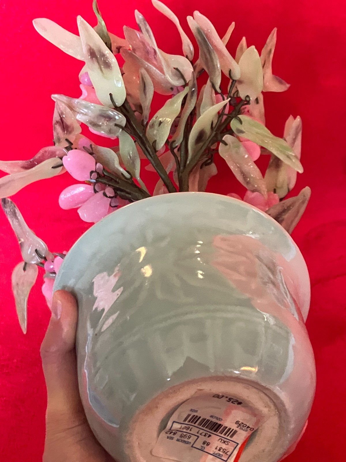 CHINESE JADE STYLE TREE PINK GLASS FLOWER BONSAI ** LAS VEGAS Pick UP ONLY **