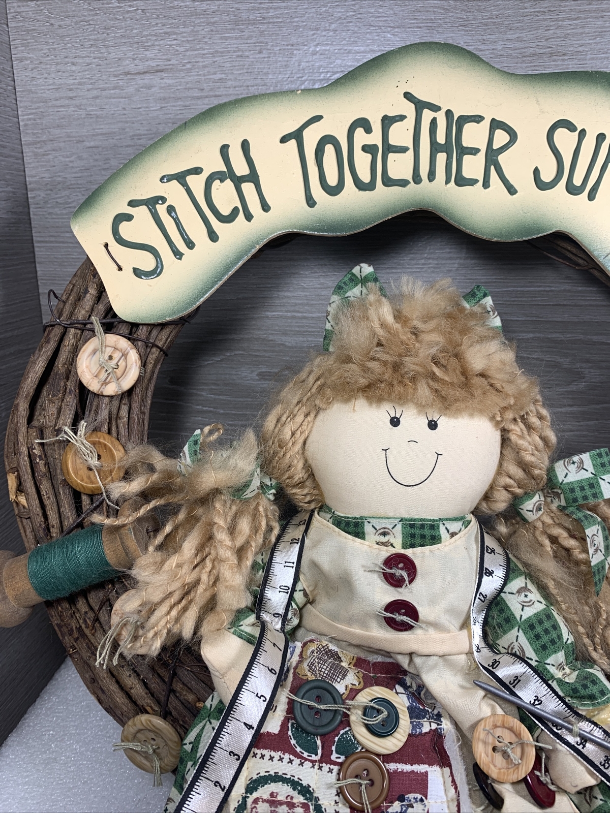“Stitch Together Sunshine” Round Wooden Wreath Farmhouse Door Sign Wall 13.5”