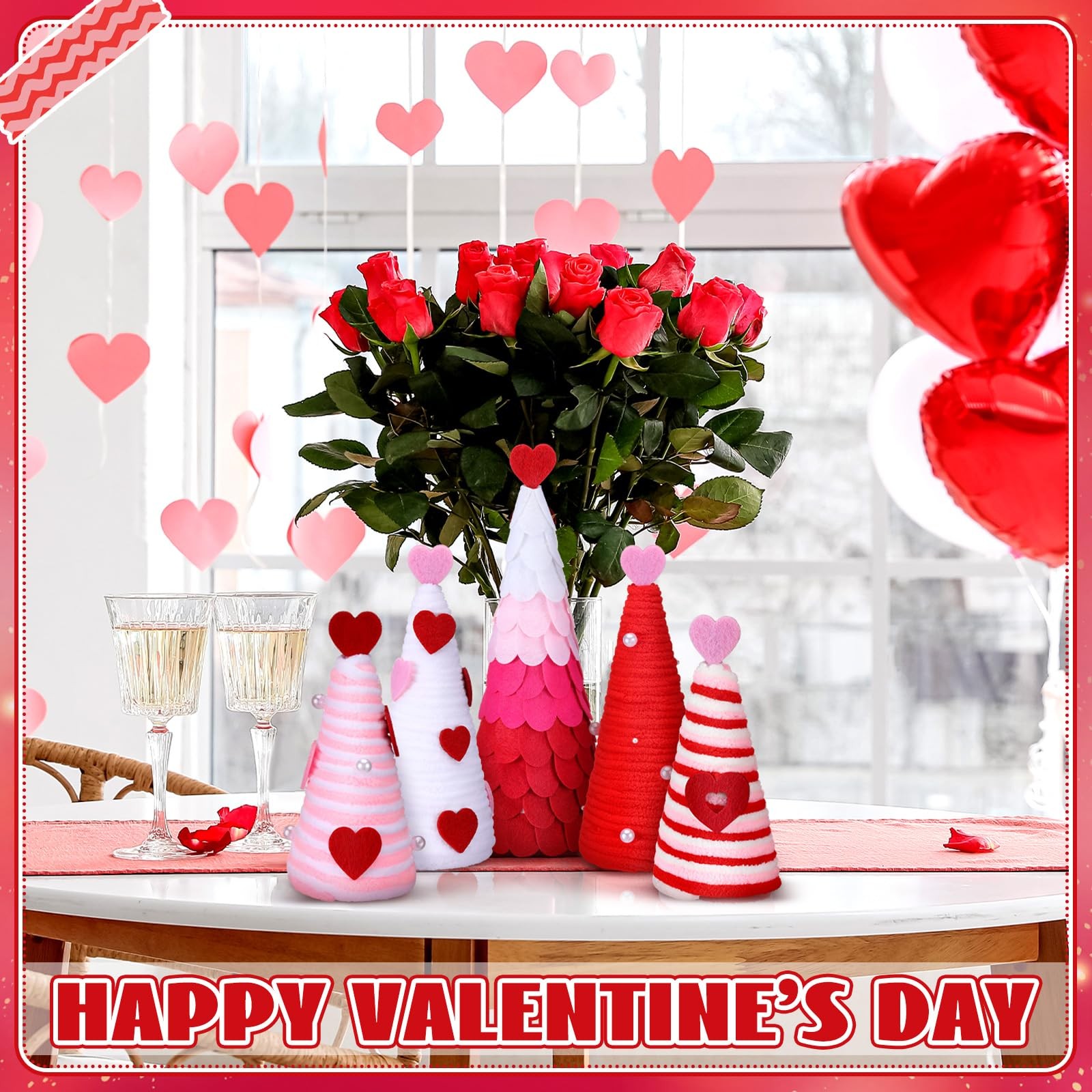 5 Pcs Valentines Day Tree, Pink White Red, Yarn Wrapped, Heart, Centerpieces