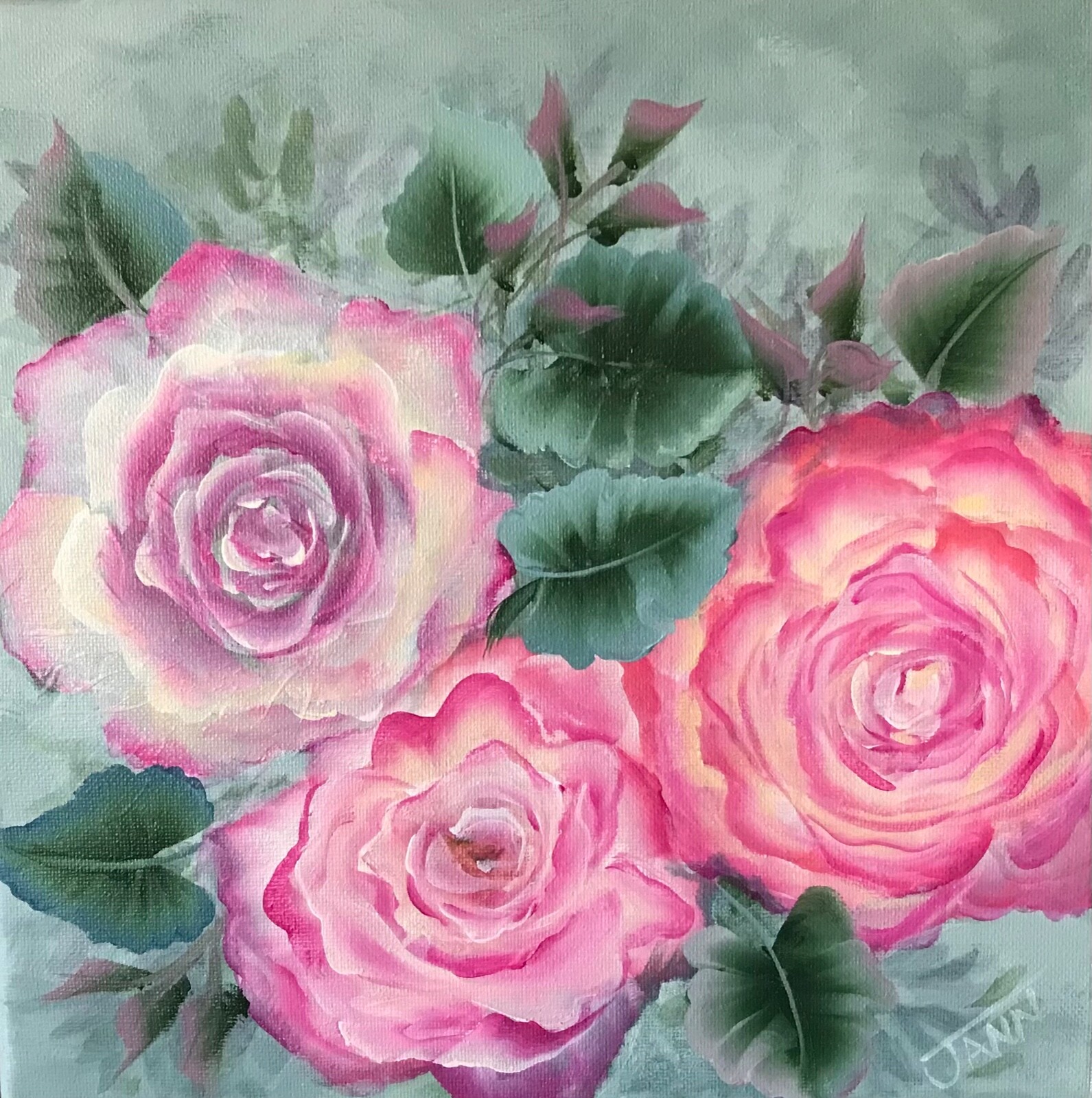 PINK SOFT ROSES Painting Shabby Chic~10×10~~Jann Mendenhall~~🌹🌹🌹
