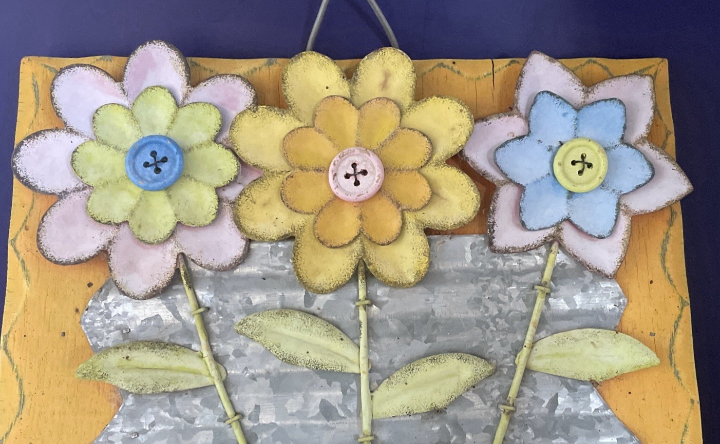 Colorful Tin & Wood Wall Hanging of Flowers and Butterfly Yellow Blue & Pink