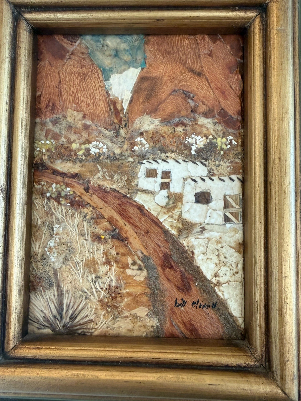 Bill Elwell Sun-dried organic material collage pair Vintage Signed OOAK Framed