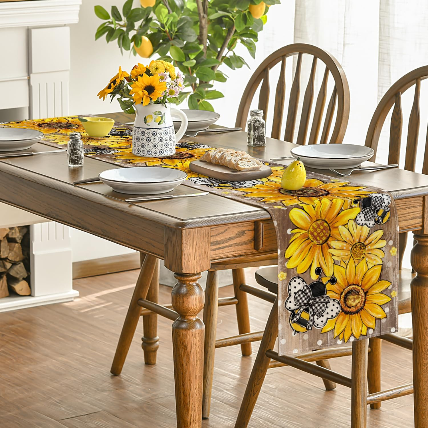 Wood Sunflower Bee Flower Polka Dot Summer Table Runner, Seasonal Kitchen Dining