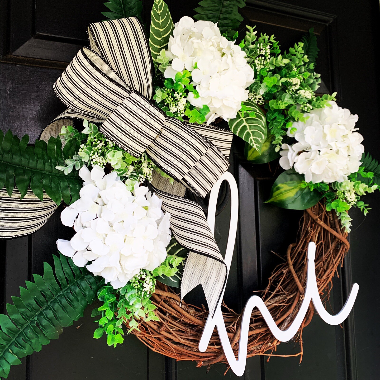 Hi Hydrangea Canvas Striped Bow Eucalyptus Farmhouse Rustic Grapevine Wreath