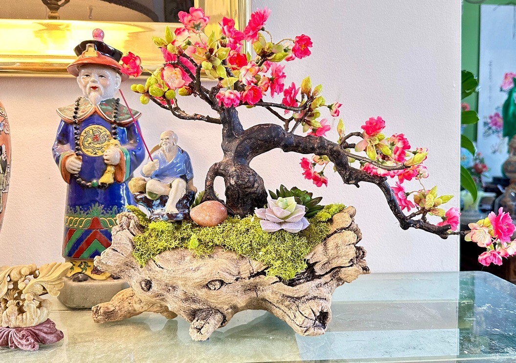 Bonsai Planter Artificial Bonsai Cherry Blossom Tree With Chinese Mud Man Realis