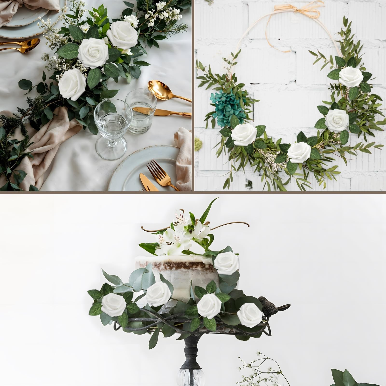 25 PCS White Artificial Flowers Real Looking Foam Fake Roses Wedding Combo