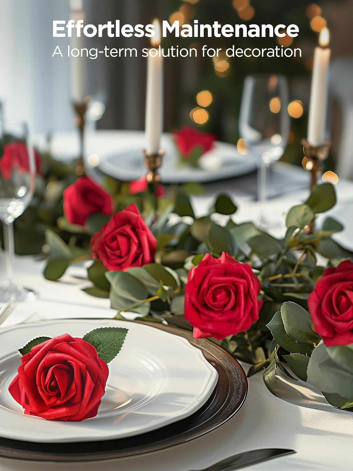 Artificial Flowers, 50 Pcs Dark Red Foam Fake Roses Bulk with Stems for Decorati