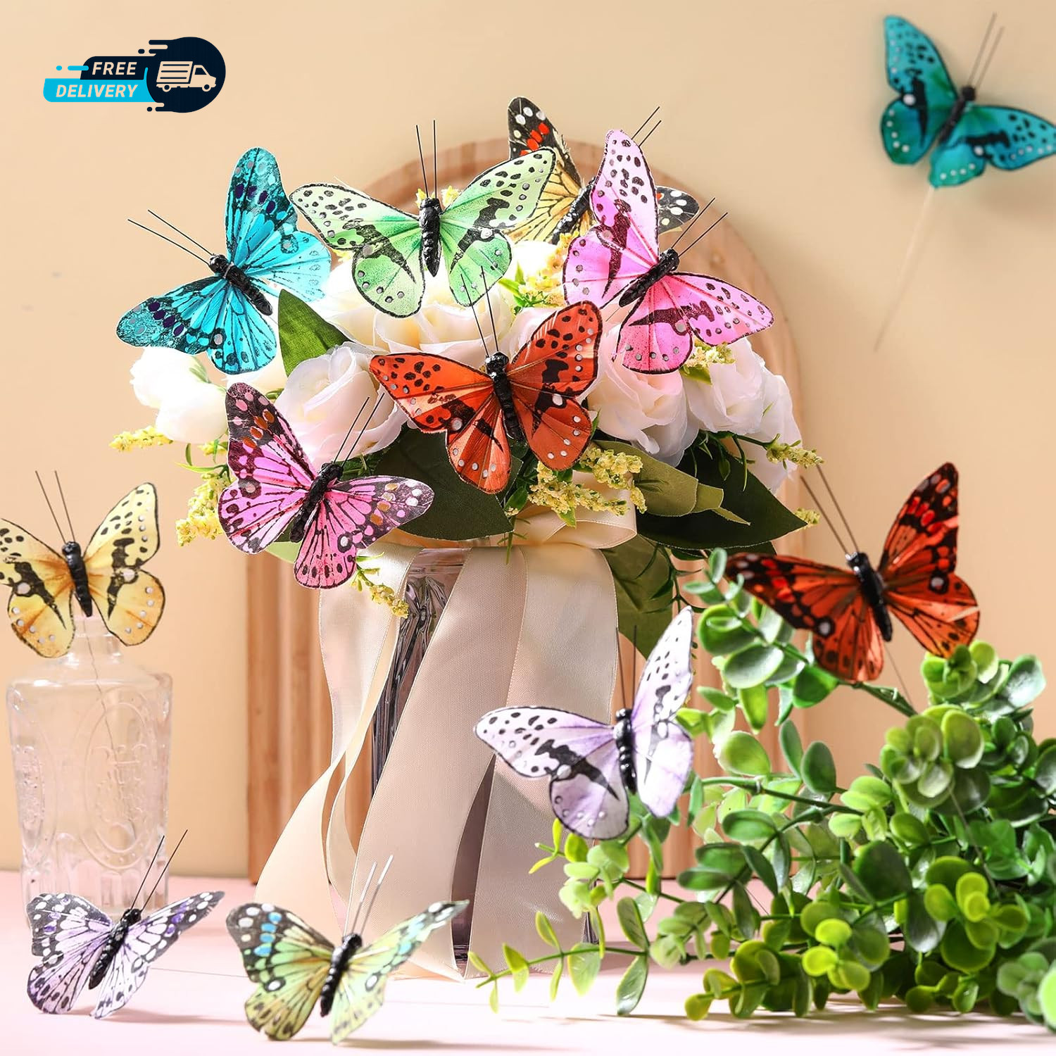 12 Set Monarch Butterfly Decoration Artificial Butterflie Feather Picks