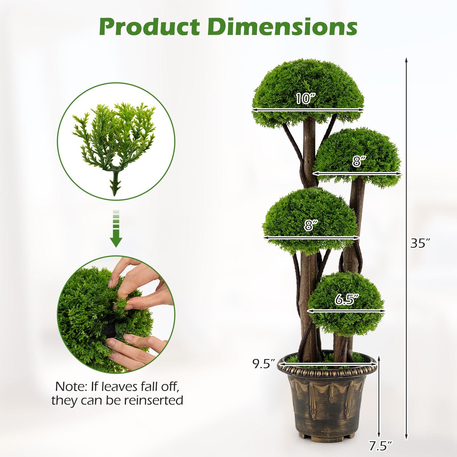 2PCS Artificial Cypress Topiary Ball Tree w/Retro Cement-filled Planter, Vines
