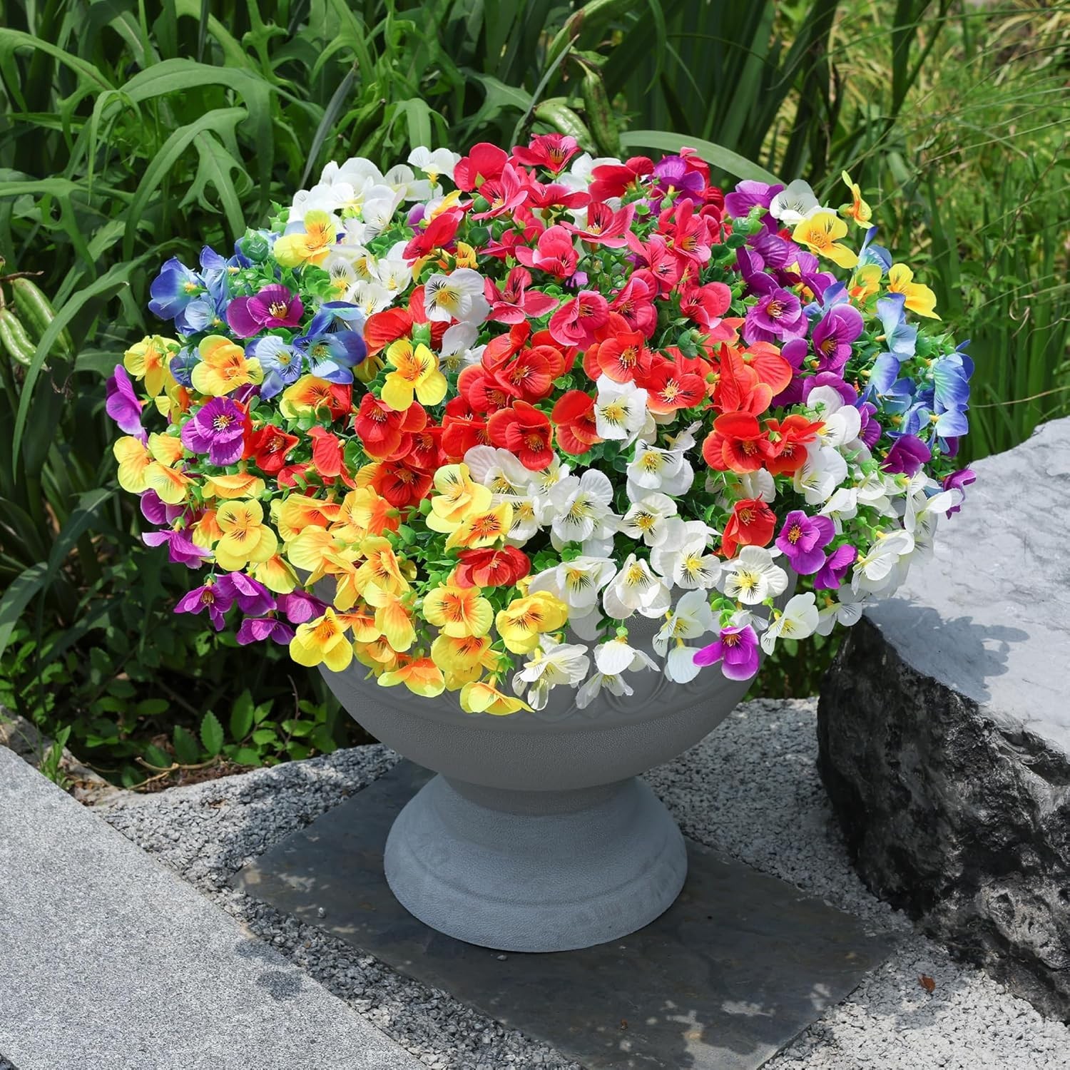 Artificial Pansy Flowers with Eucalyptus—Perfect for Gardens & Porches, 12 Count